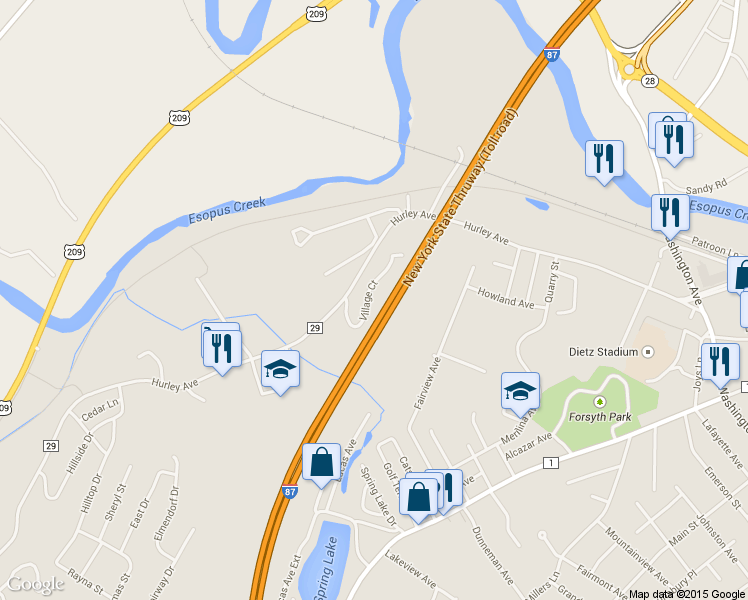 map of restaurants, bars, coffee shops, grocery stores, and more near 8 Village Court in Kingston