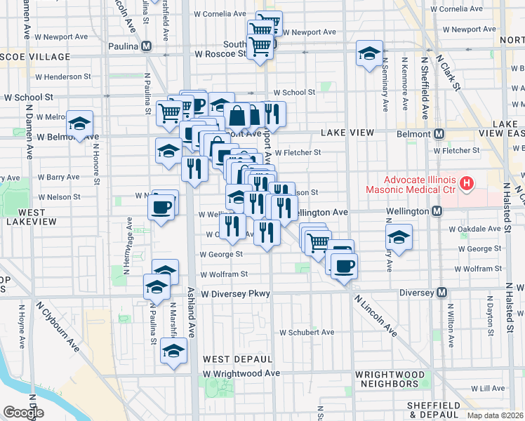 map of restaurants, bars, coffee shops, grocery stores, and more near 3000 North Lincoln Avenue in Chicago