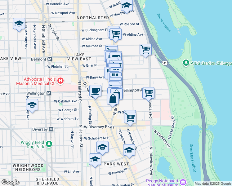 map of restaurants, bars, coffee shops, grocery stores, and more near 2945 North Broadway in Chicago