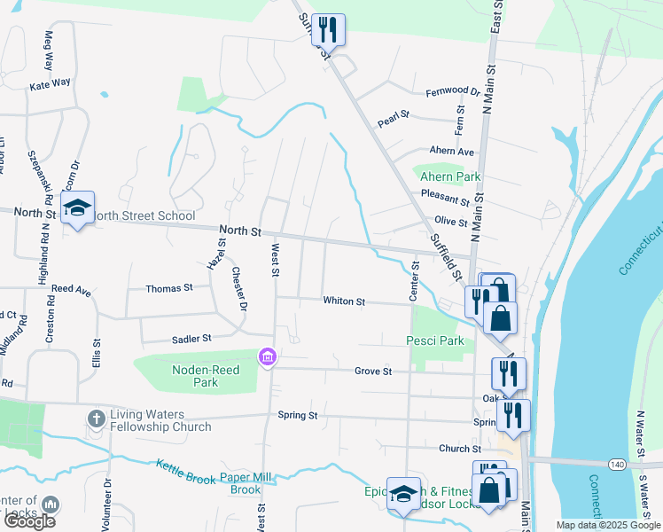 map of restaurants, bars, coffee shops, grocery stores, and more near 12 Wicklow Street in Windsor Locks