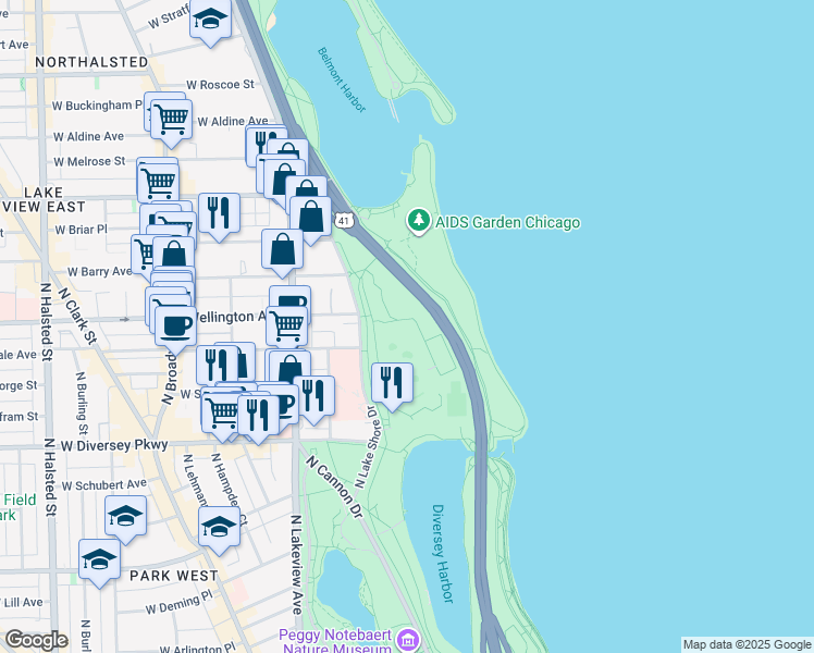 map of restaurants, bars, coffee shops, grocery stores, and more near 2970 North Lake Shore Drive in Chicago