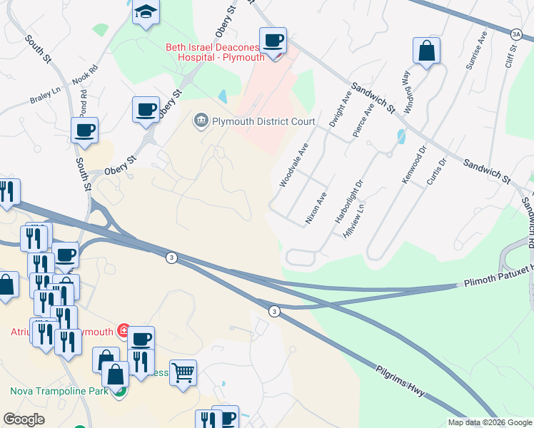 map of restaurants, bars, coffee shops, grocery stores, and more near 28 Woodvale Avenue in Plymouth