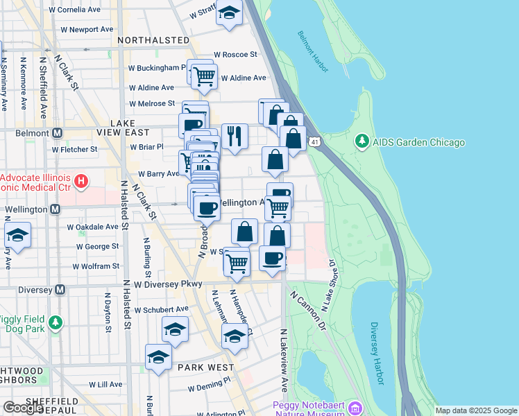 map of restaurants, bars, coffee shops, grocery stores, and more near 428 West Wellington Avenue in Chicago