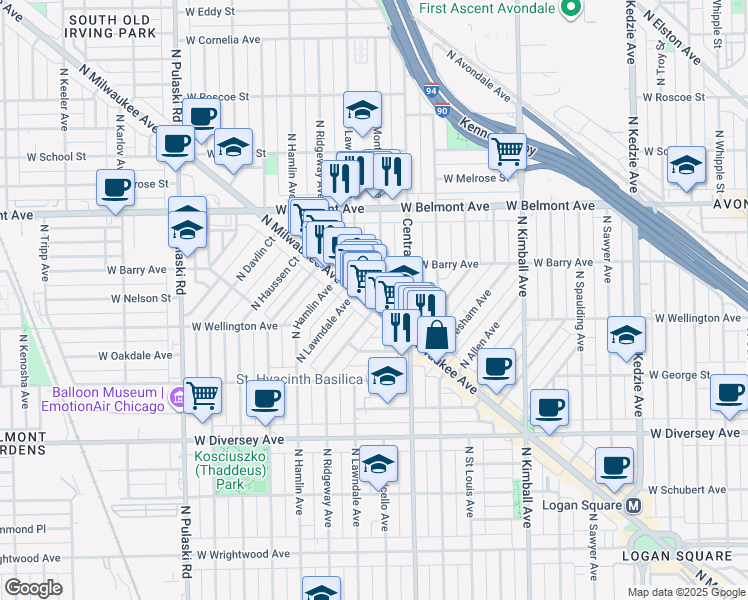 map of restaurants, bars, coffee shops, grocery stores, and more near 3048 North Monticello Avenue in Chicago