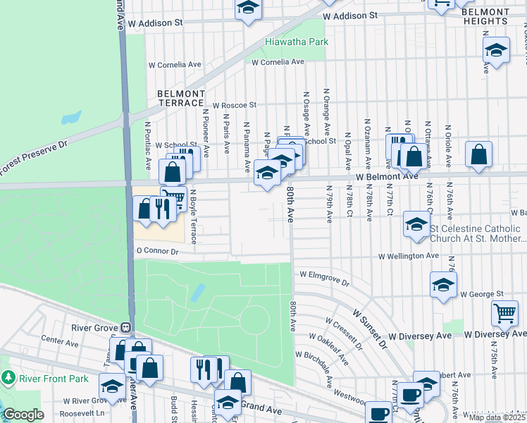 map of restaurants, bars, coffee shops, grocery stores, and more near 8001 West Belmont Avenue in River Grove