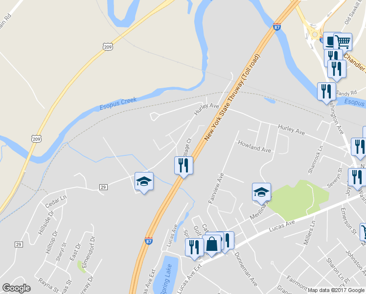 map of restaurants, bars, coffee shops, grocery stores, and more near 259 Village Court in Kingston