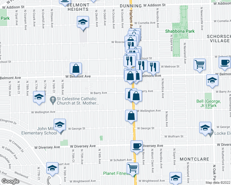 map of restaurants, bars, coffee shops, grocery stores, and more near West Barry Avenue & North Octavia Avenue in Chicago