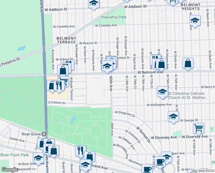 map of restaurants, bars, coffee shops, grocery stores, and more near 7944 West Fletcher Street in Elmwood Park