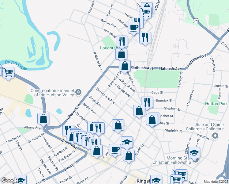 map of restaurants, bars, coffee shops, grocery stores, and more near 195 Elmendorf Street in Kingston