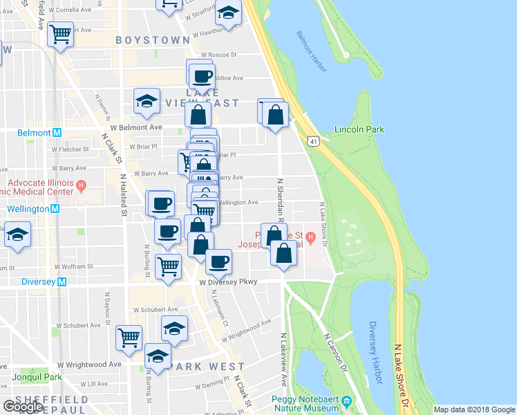 map of restaurants, bars, coffee shops, grocery stores, and more near 428 West Wellington Avenue in Chicago