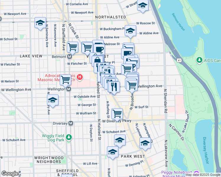 map of restaurants, bars, coffee shops, grocery stores, and more near 3021 North Clark Street in Chicago