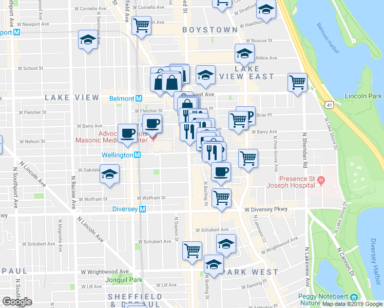 map of restaurants, bars, coffee shops, grocery stores, and more near 3016 North Halsted Street in Chicago