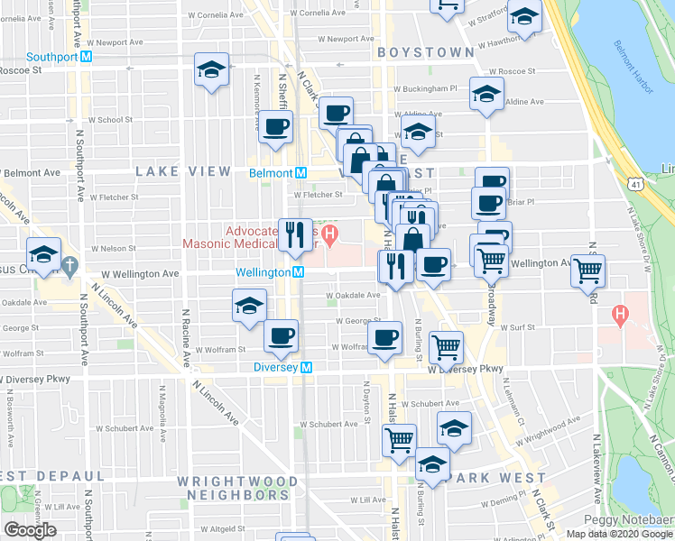 map of restaurants, bars, coffee shops, grocery stores, and more near 836 West Wellington Avenue in Chicago