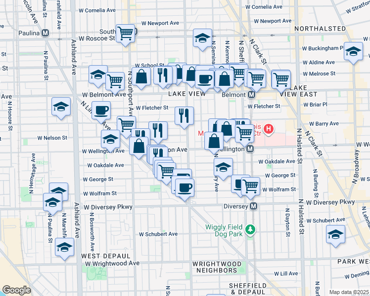 map of restaurants, bars, coffee shops, grocery stores, and more near 3025 North Racine Avenue in Chicago