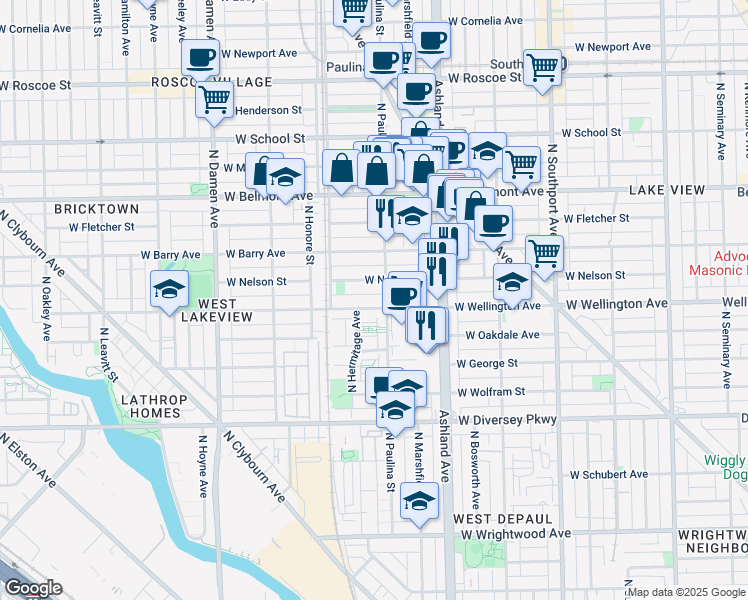 map of restaurants, bars, coffee shops, grocery stores, and more near 1722 West Nelson Street in Chicago