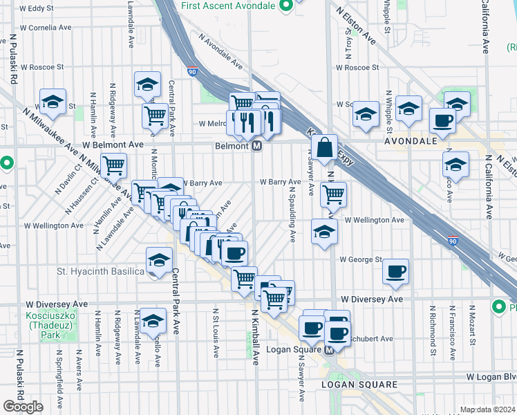 map of restaurants, bars, coffee shops, grocery stores, and more near 3042 North Kimball Avenue in Chicago