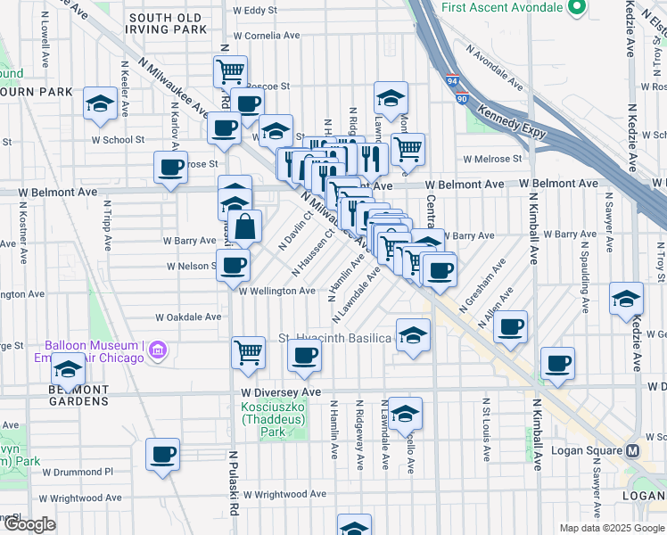 map of restaurants, bars, coffee shops, grocery stores, and more near 3073 North Avers Avenue in Chicago