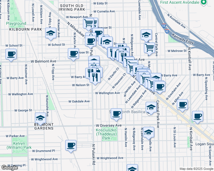 map of restaurants, bars, coffee shops, grocery stores, and more near 3075 North Davlin Court in Chicago