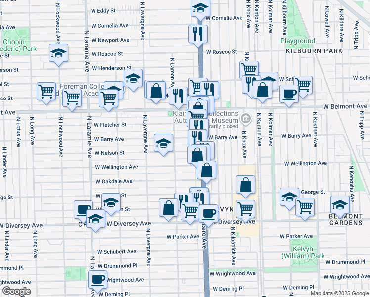 map of restaurants, bars, coffee shops, grocery stores, and more near 4842 West Barry Avenue in Chicago