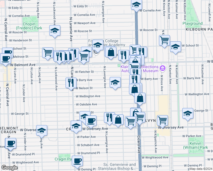 map of restaurants, bars, coffee shops, grocery stores, and more near 3103 North Lavergne Avenue in Chicago