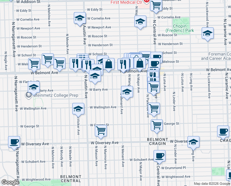 map of restaurants, bars, coffee shops, grocery stores, and more near 3111 North Monitor Avenue in Chicago