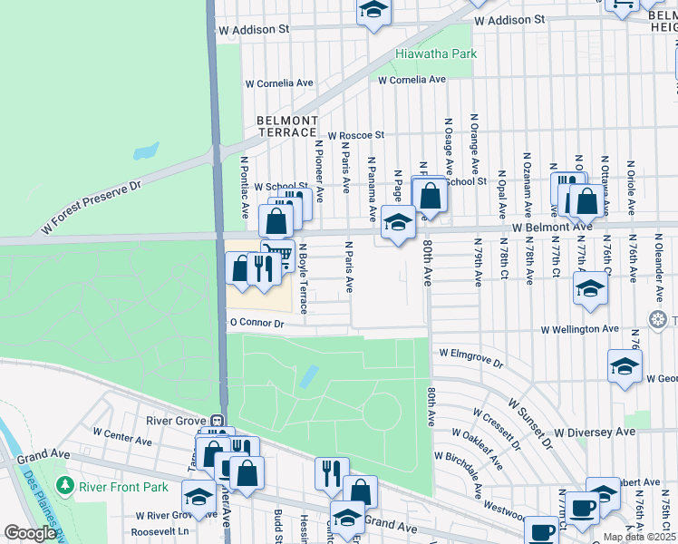 map of restaurants, bars, coffee shops, grocery stores, and more near 8208 West Smith Lane in River Grove