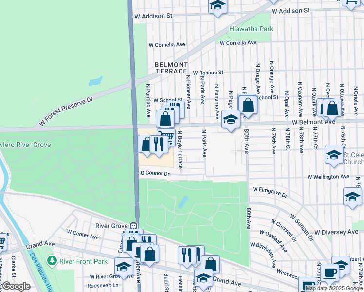 map of restaurants, bars, coffee shops, grocery stores, and more near 3144 North Boyle Terrace in River Grove