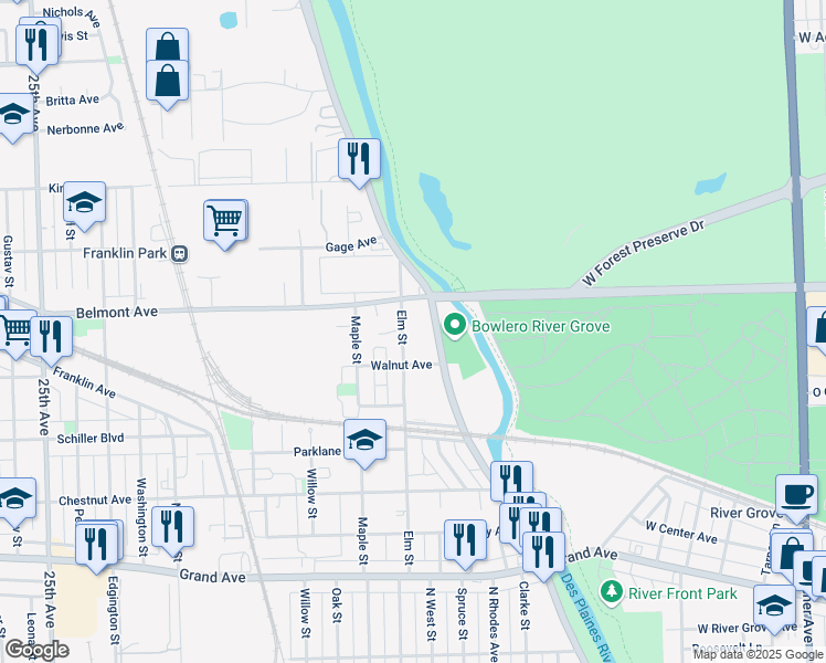 map of restaurants, bars, coffee shops, grocery stores, and more near 3160 North River Road in River Grove