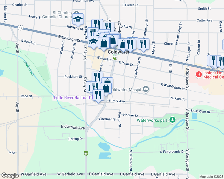 map of restaurants, bars, coffee shops, grocery stores, and more near 124 Division Street in Coldwater