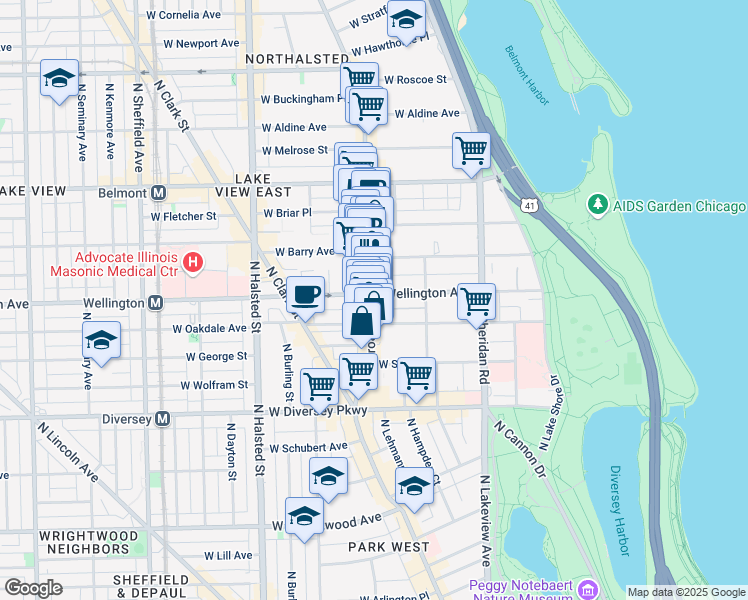 map of restaurants, bars, coffee shops, grocery stores, and more near 3013 North Broadway in Chicago