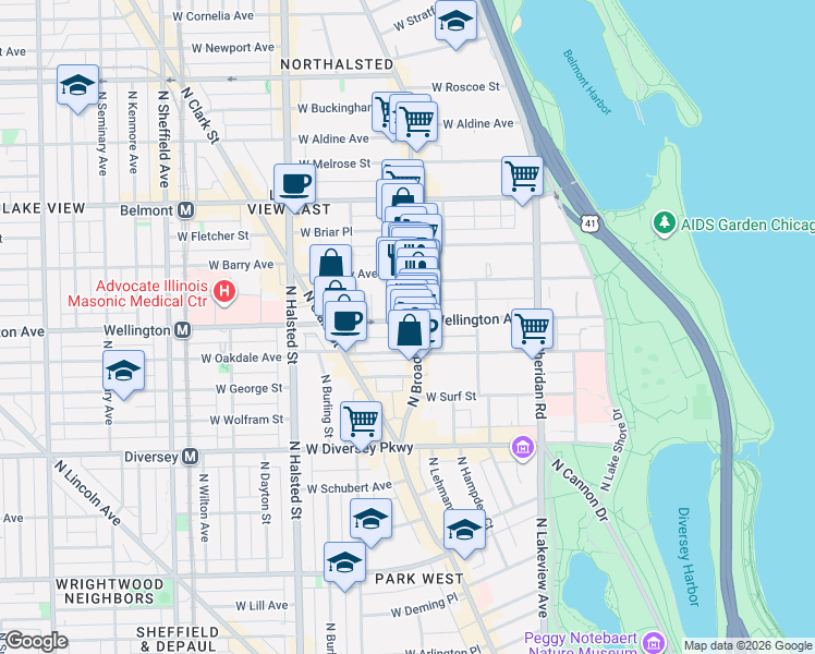 map of restaurants, bars, coffee shops, grocery stores, and more near 603 West Wellington Avenue in Chicago