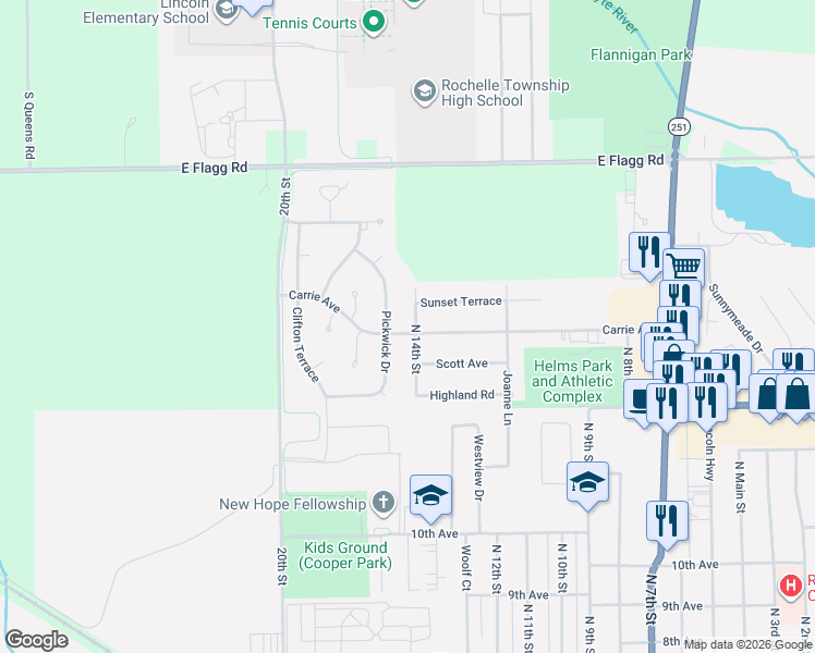 map of restaurants, bars, coffee shops, grocery stores, and more near 1213 Pickwick Drive in Rochelle