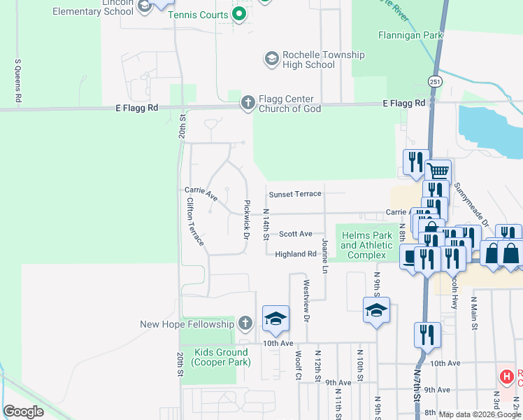 map of restaurants, bars, coffee shops, grocery stores, and more near 1213 Pickwick Drive in Rochelle