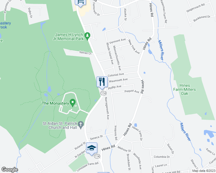 map of restaurants, bars, coffee shops, grocery stores, and more near 5 Waumsett Avenue in Cumberland