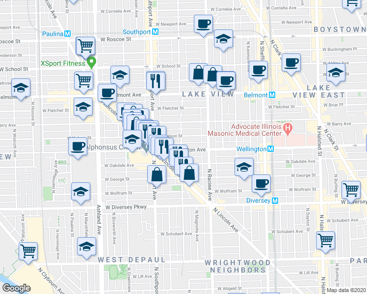 map of restaurants, bars, coffee shops, grocery stores, and more near 1256 West Wellington Avenue in Chicago