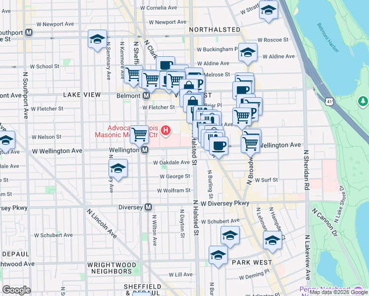 map of restaurants, bars, coffee shops, grocery stores, and more near 814 West Wellington Avenue in Chicago