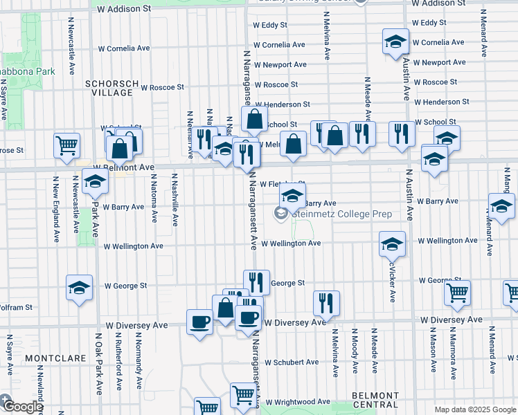 map of restaurants, bars, coffee shops, grocery stores, and more near 3057 North Narragansett Avenue in Chicago