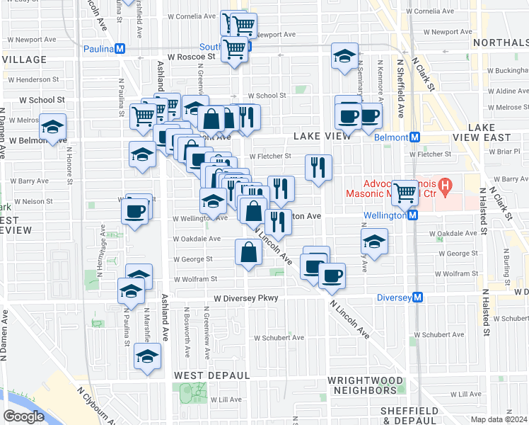 map of restaurants, bars, coffee shops, grocery stores, and more near 1330 West Wellington Avenue in Chicago