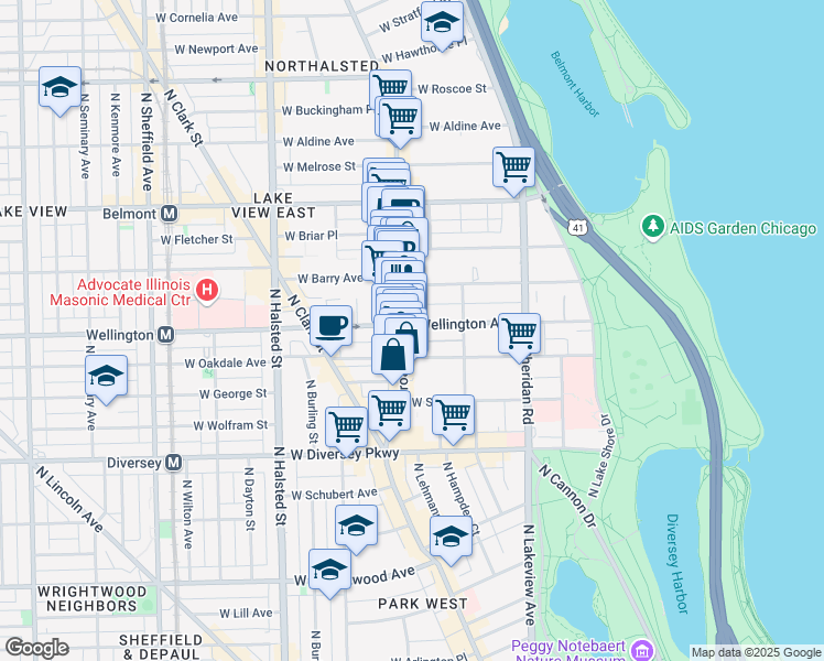map of restaurants, bars, coffee shops, grocery stores, and more near 553 West Wellington Avenue in Chicago