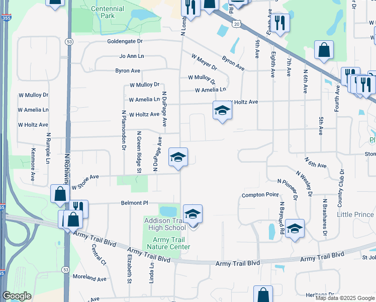 map of restaurants, bars, coffee shops, grocery stores, and more near 1381 Driscoll Lane in Addison