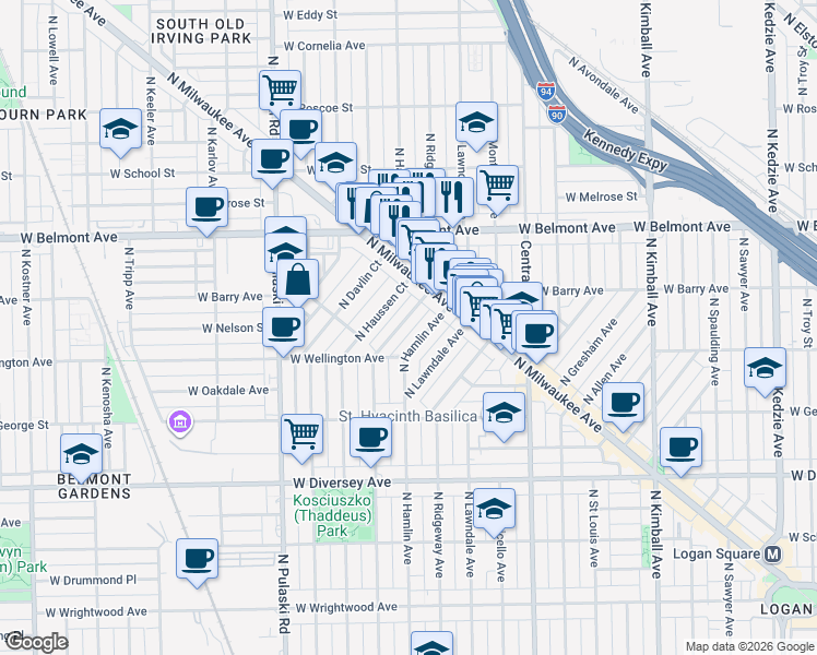 map of restaurants, bars, coffee shops, grocery stores, and more near 3073 North Avers Avenue in Chicago