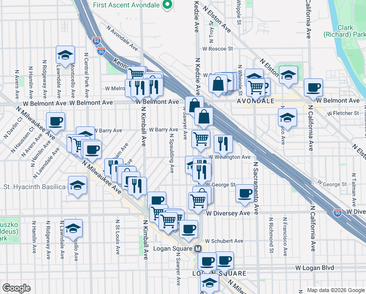 map of restaurants, bars, coffee shops, grocery stores, and more near 3020 North Sawyer Avenue in Chicago