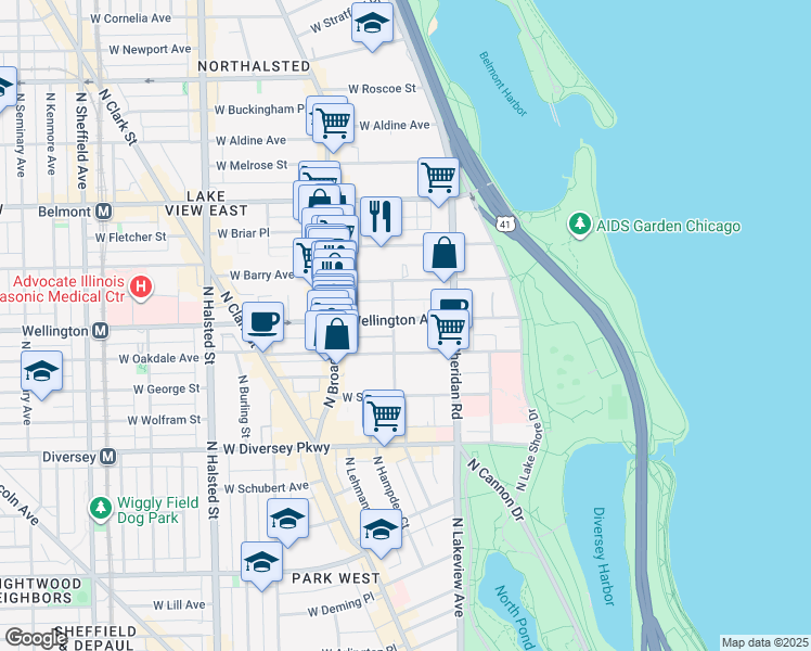 map of restaurants, bars, coffee shops, grocery stores, and more near 504 West Wellington Avenue in Chicago