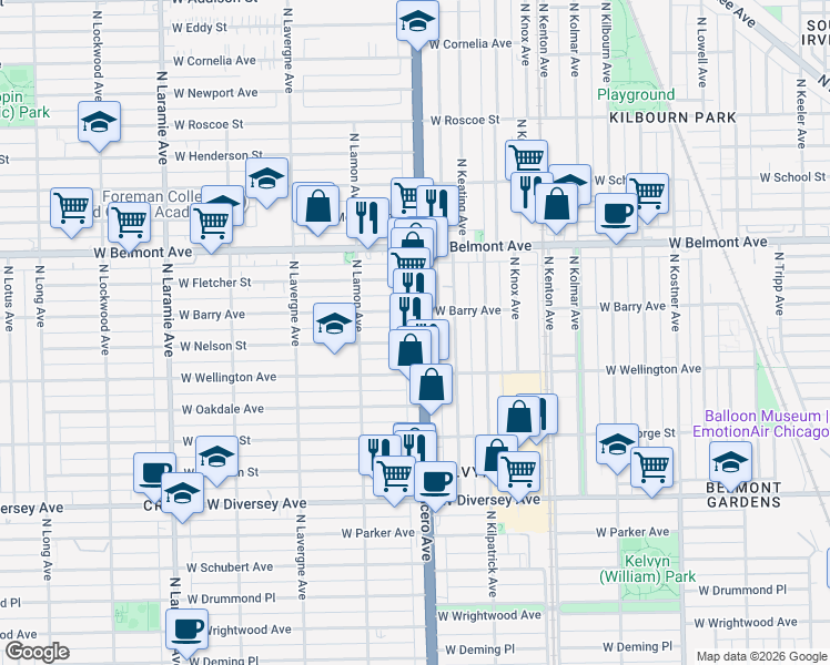 map of restaurants, bars, coffee shops, grocery stores, and more near 3040 North Cicero Avenue in Chicago