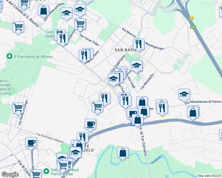 map of restaurants, bars, coffee shops, grocery stores, and more near 4-12 Via Recanati in Rome