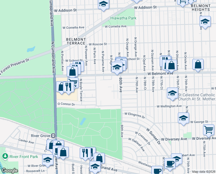 map of restaurants, bars, coffee shops, grocery stores, and more near 8001 West Belmont Avenue in River Grove