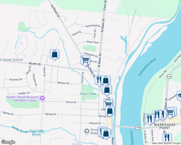 map of restaurants, bars, coffee shops, grocery stores, and more near 17 Suffield Street in Windsor Locks