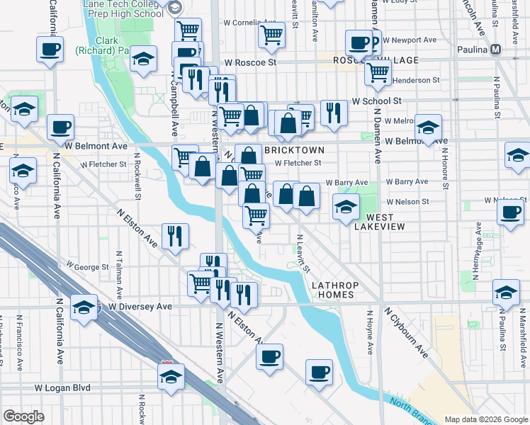 map of restaurants, bars, coffee shops, grocery stores, and more near 3066 North Clybourn Avenue in Chicago