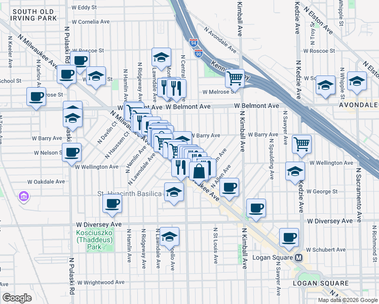 map of restaurants, bars, coffee shops, grocery stores, and more near 3059 North Central Park Avenue in Chicago