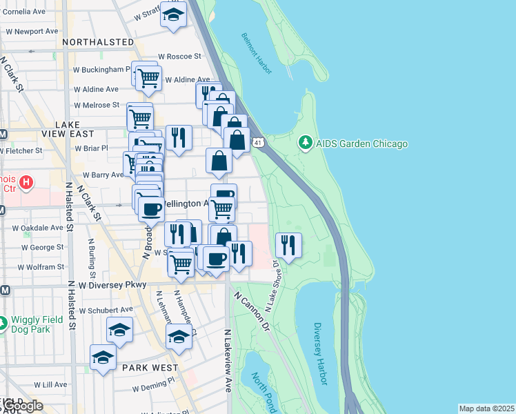 map of restaurants, bars, coffee shops, grocery stores, and more near 2970 North Lake Shore Drive in Chicago
